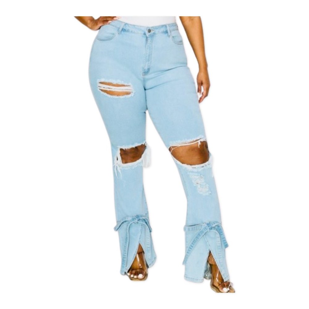 Plus Size Light Denim Flare Tie Jeans